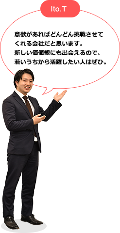 Ito.T 意欲があればどんどん挑戦させてくれる会社だと思います。新しい価値観にも出会えるので、若いうちから活躍したい人はぜひ。